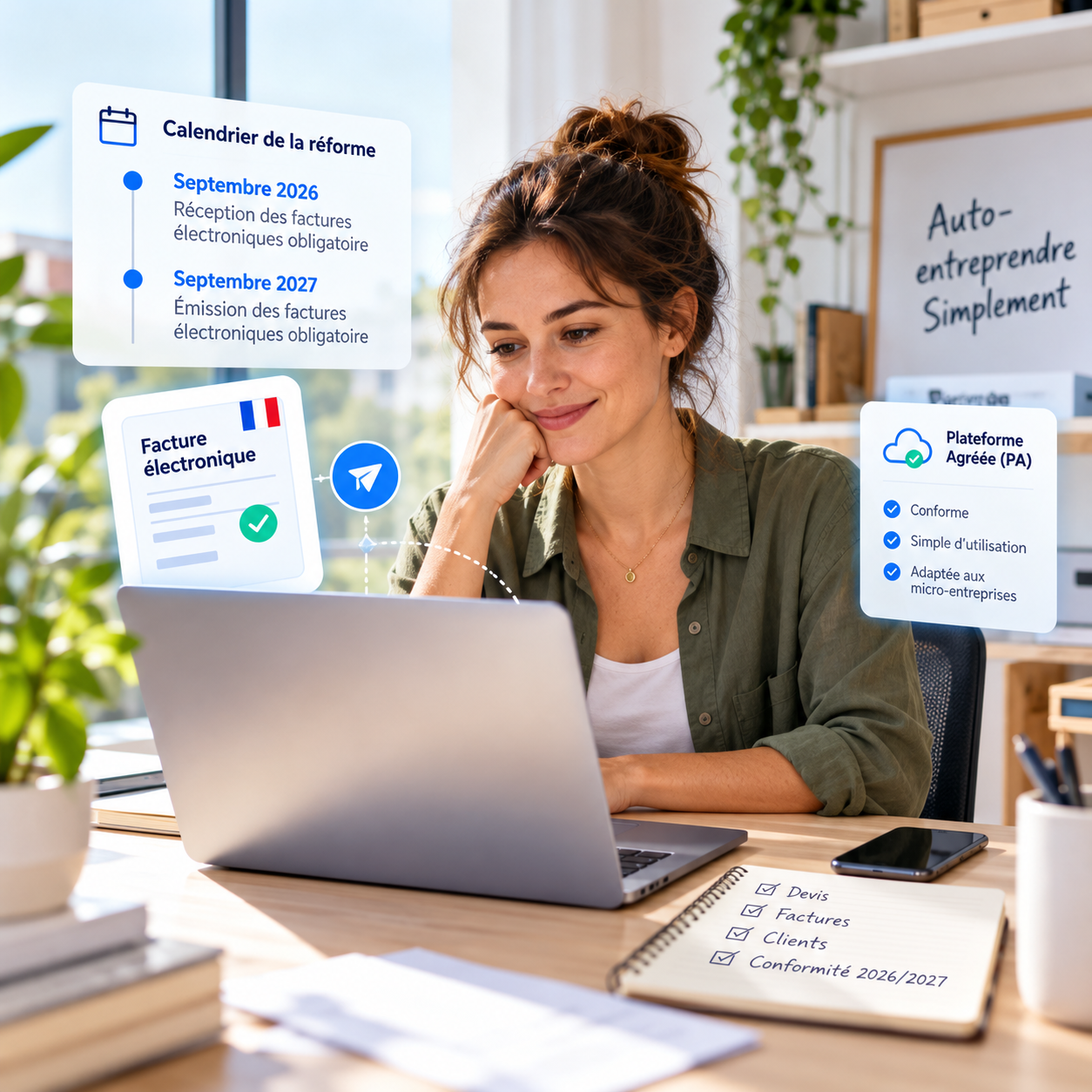 Auto-entrepreneur utilisant un logiciel de facturation électronique sur ordinateur dans un espace de travail professionnel