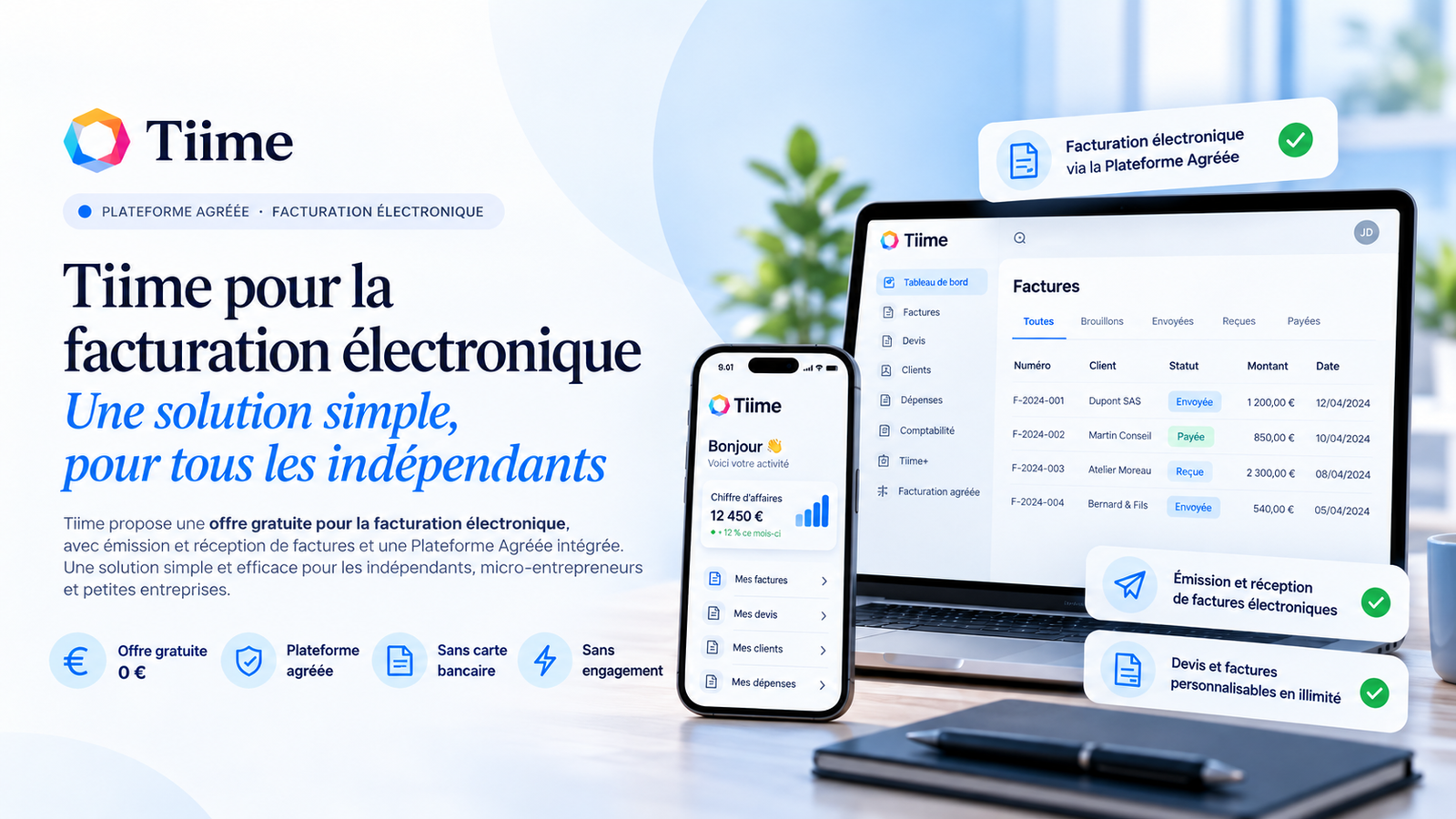 Tiime pour la facturation électronique avec offre gratuite, plateforme agréée et interface de facturation
